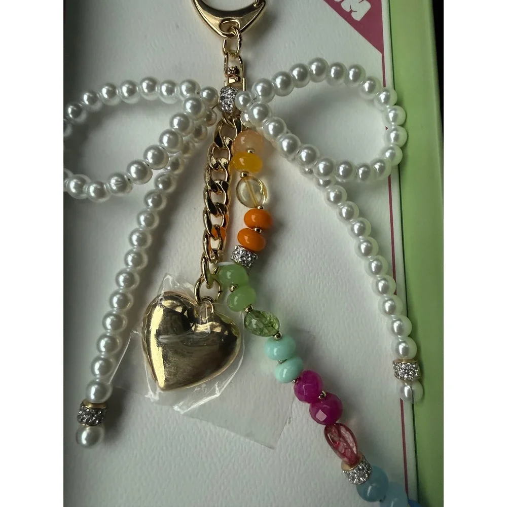 Rush by Denis & Charles Pearl Bow Rainbow Bead Heart‎ Bag Charm Keychain NIB